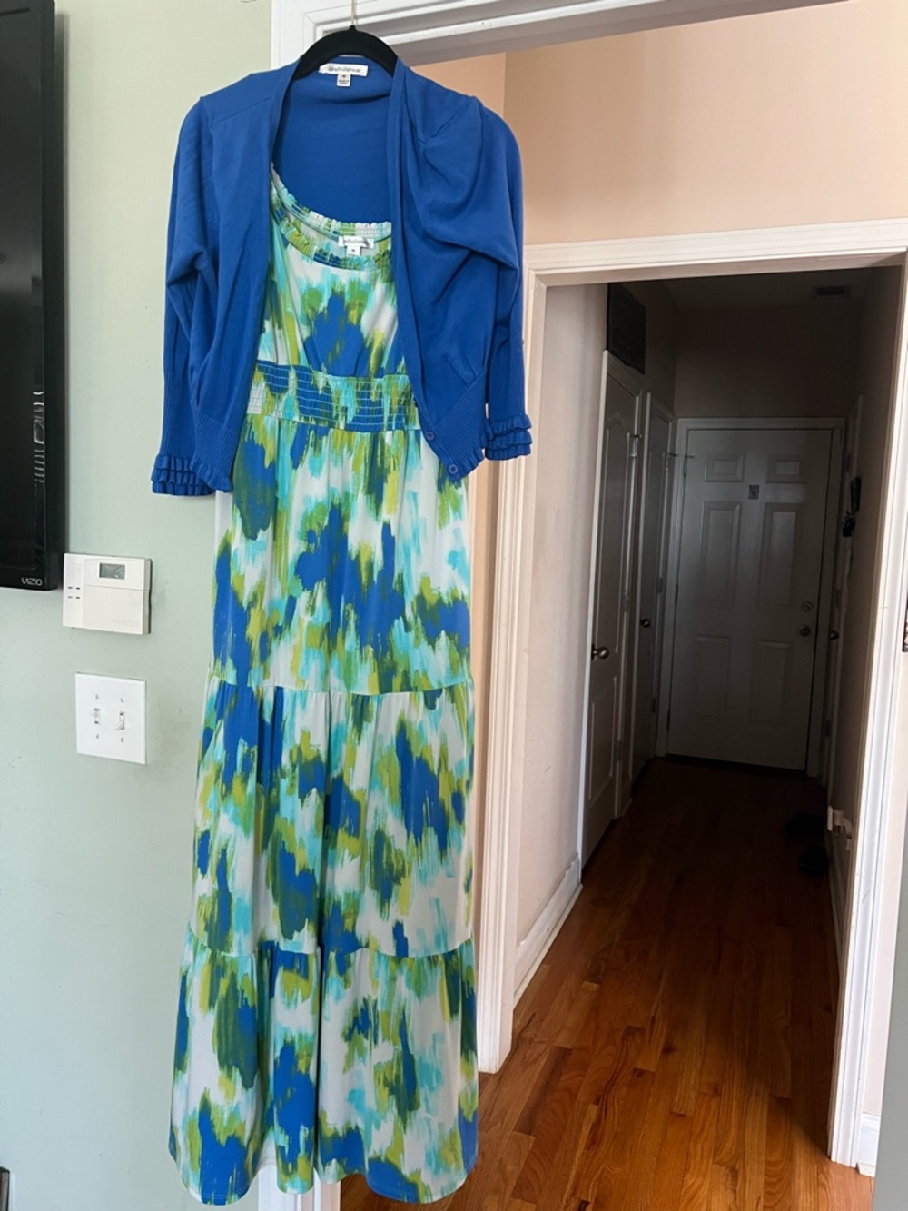 JohnPaulRichard Blue, Green & White Watercolor Maxi with Royal Blue Bolero